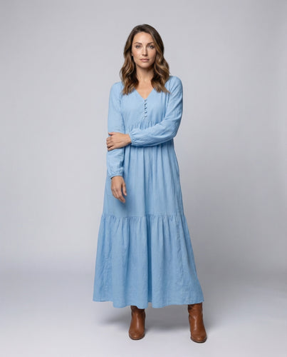 Damen Leinen-Maxi-Kleid Volantstufe Beinschlitz