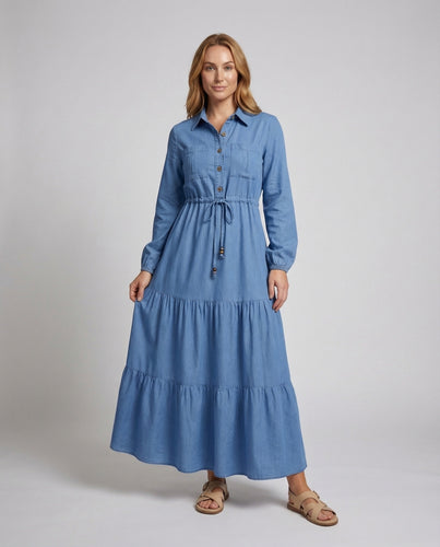 Damen Hemdblusenkleid Chambray-Optik Kordelzug