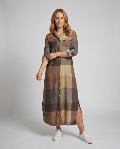 Damen Hemdenkleid Karomuster Hoher Seitenschlitz