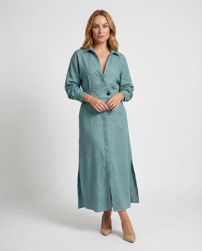 Damen Leinenhemdkleid Taillengürtel Seitenschlitze