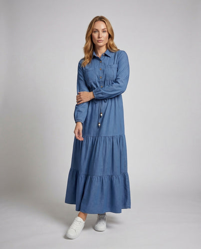 Damen Maxikleid Hemdkragen Stufenrock