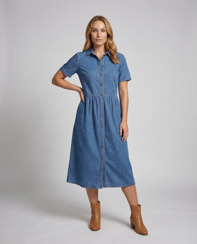 Damen Jeans-Hemdblusenkleid Taillierte Teilungsnaht