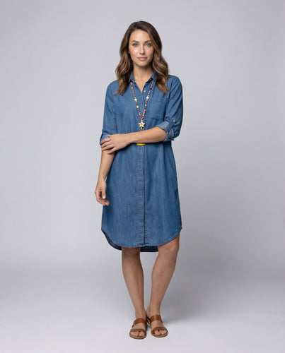 Damen Jeans-Hemdkleid Krempelbare Dreiviertelärmel