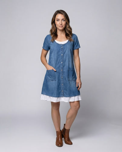 Damen Jeans-Midikleid Versetzter Lagen-Saum