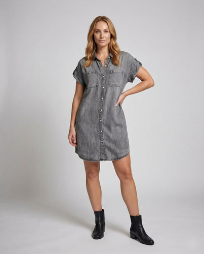 Damen Hemdblusenkleid Denim-Look Umschlagärmel