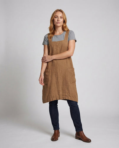 Damen Latzkleid Leinenmischung Quadratischer Ausschnitt