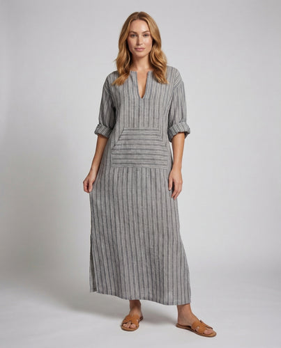 Damen Leinen-Maxikleid Kängurutasche V-Ausschnitt