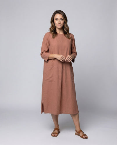 Damen Leinenkleid Dreiviertelärmel Seitenschlitze