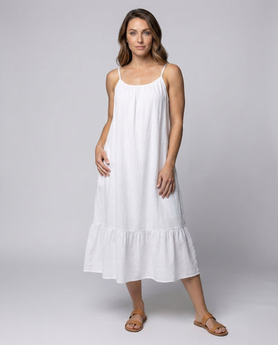 Damen Maxikleid Leinenlook Volantstufe