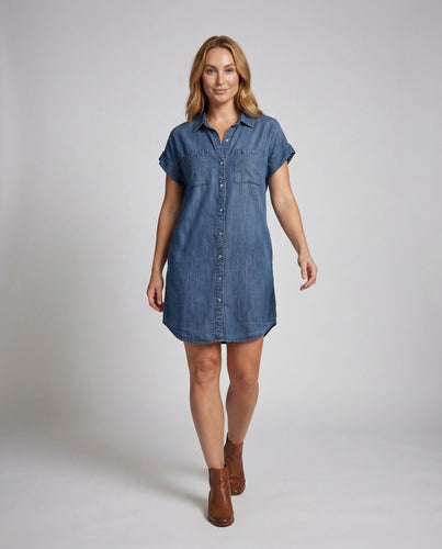 Damen Hemdblusenkleid Jeansoptik Volantstufe