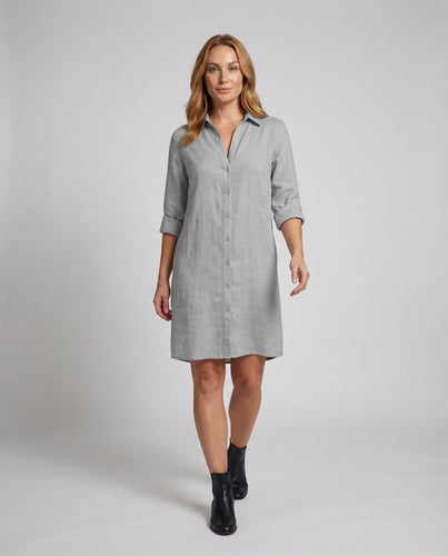 Damen Leinen-Hemdblusenkleid Krempelbare Ärmel