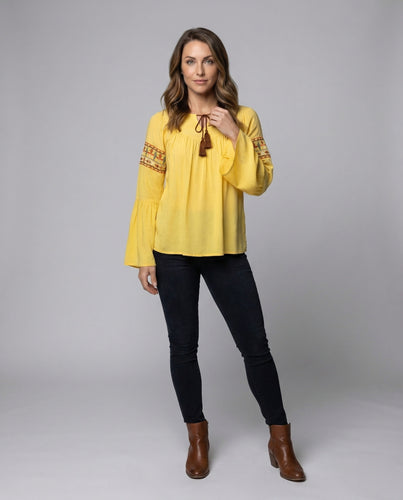 Damen Viskose-Boho-Bluse Bestickte Trompetenärmel
