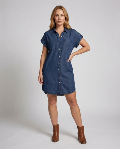 Damen Hemdkleid Denim-Mix Krempelärmel