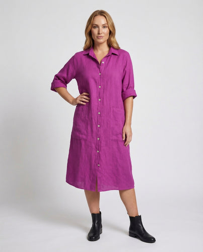 Damen Leinen-Hemdblusenkleid Aufgesetzte Taschen