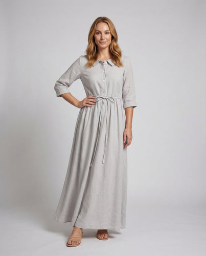Damen Leinenmaxikleid Taillenband Hemdblusenkragen