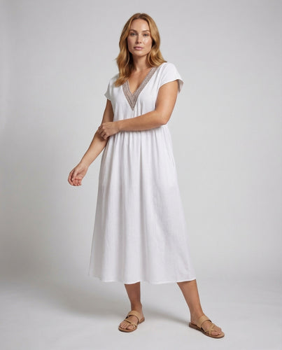Damen Maxikleid Spitzenpasse Viskose-Leinenmix