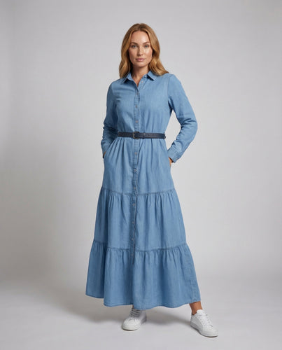 Damen Maxikleid Stufenrock Manschettenärmel
