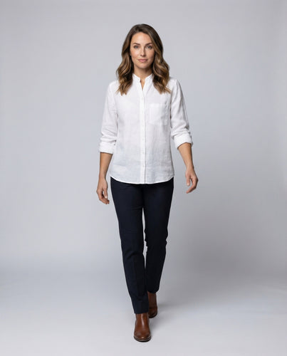 Damen Leinen-Basicbluse Mandarin-Kragen