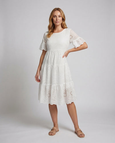 Damen Midikleid Broderie-Anglaise Unterbrustnaht