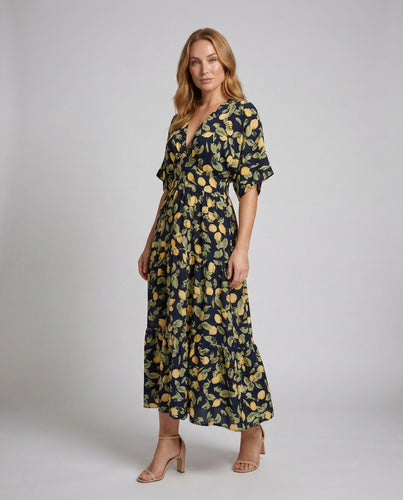 Damen Maxikleid Zitronenprint Volantrock