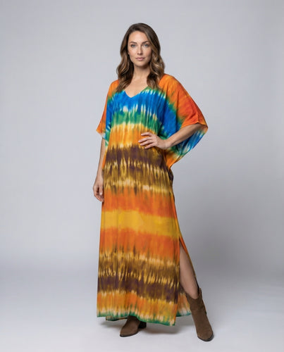 Damen Batik-Maxikleid Kaftan-Schnitt Beinschlitz