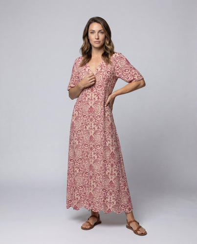 Damen Boho-Maxi-Kleid Paisley-Muster Dreiviertelärmel
