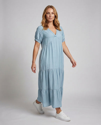 Damen Chambray-Stufenmaxikleid Geraffte Kurzärmel