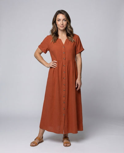Damen Leinenoptik-Maxikleid Knopfleiste Kurzärmel