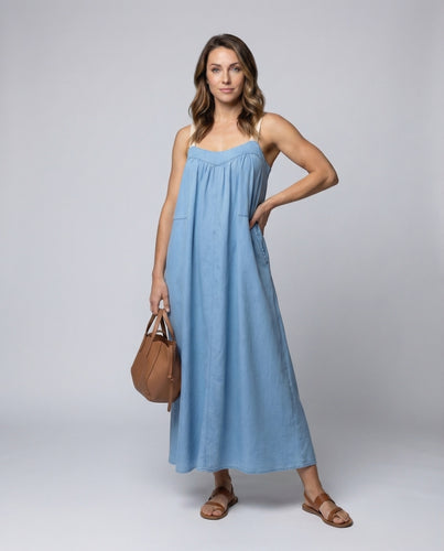 Damen Maxikleid Kontrastträger Eingrifftaschen