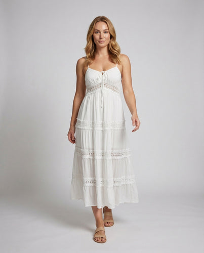 Damen Maxikleid Spitzen-Einsätze Stufenrock