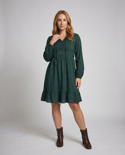 Damen Midikleid Bestickte Passe Volant-Saum