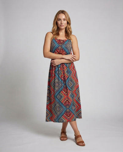 Damen Boho-Midikleid Smockierte Taille Quastenband
