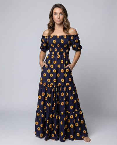 Damen Maxikleid Carmen-Ausschnitt Volantrock