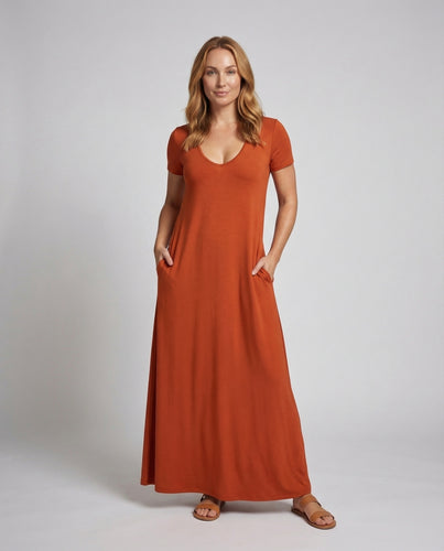 Damen Jersey-Maxikleid V-Ausschnitt Eingrifftaschen