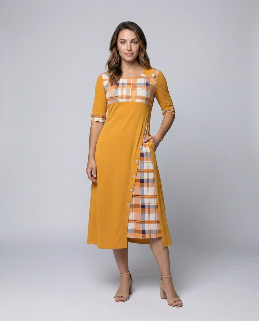 Damen Midikleid Kariertes Oberteil 3/4-Ärmel