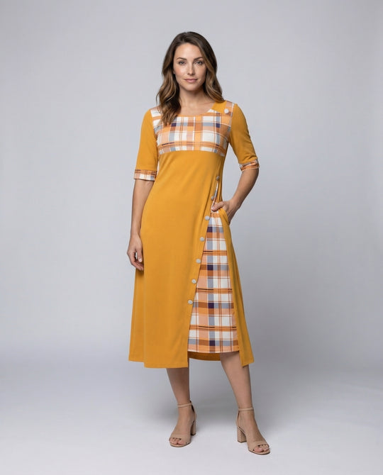 Damen Midikleid Kariertes Oberteil 3/4-Ärmel