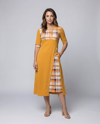 Damen Midikleid Kariertes Oberteil 3/4-Ärmel