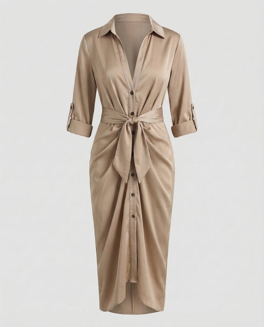 Damen Hemdblusen-Wickelkleid Bindegürtel