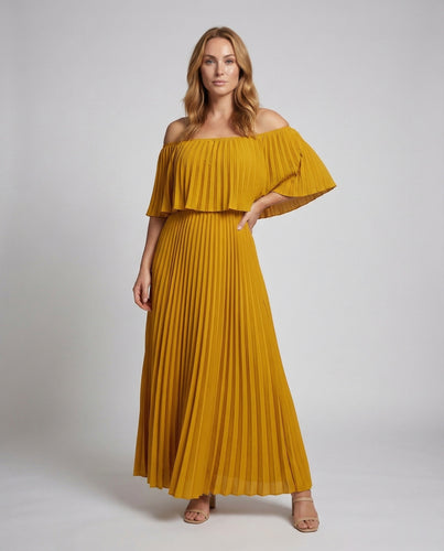 Damen Plissee-Volant-Maxikleid Carmen-Ausschnitt