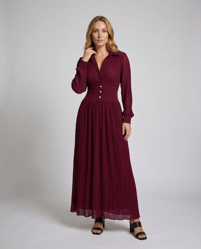 Damen Hemd-Maxikleid Plissiert Zierknopfleiste