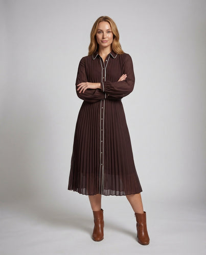 Damen Plissiertes Hemdblusenkleid Kontrastpaspel
