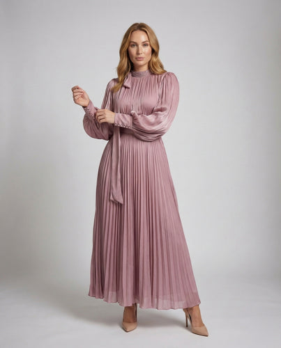 Damen Plissiertes Maxikleid Schleifenstola Ballonärmel