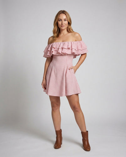 Damen Vichy-Kleid Korselett-Passe Tellerrock