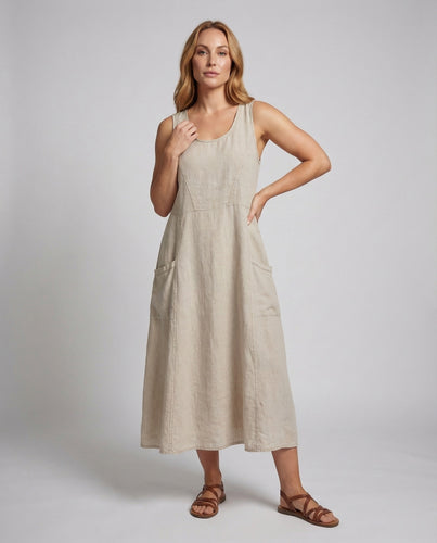 Damen Leinen-Maxikleid Diagonale Teilungsnaht