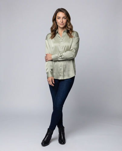 Damen Satinbluse Hemdkragen Oversize-Silhouette