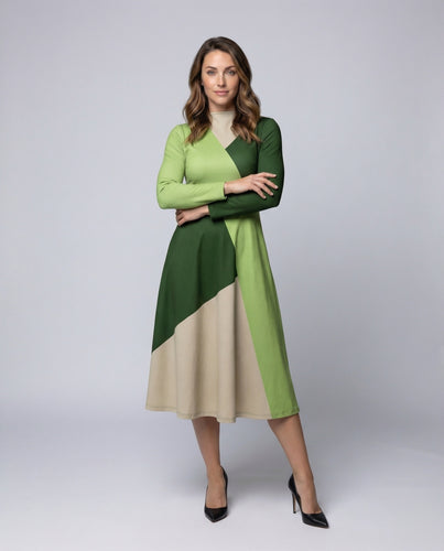 Damen A-Linien Midikleid Hoher Rundhalsausschnitt