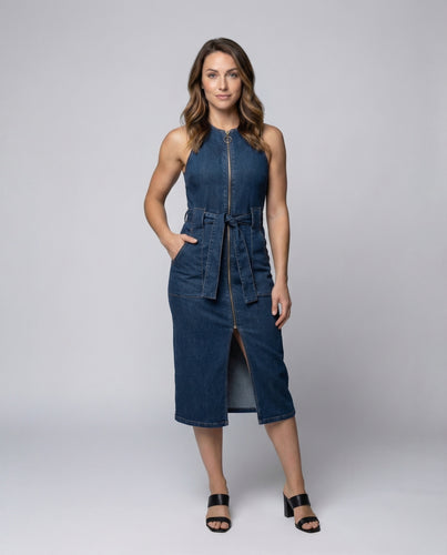Damen Jeans-Midikleid Frontreißverschluss Taillengürtel
