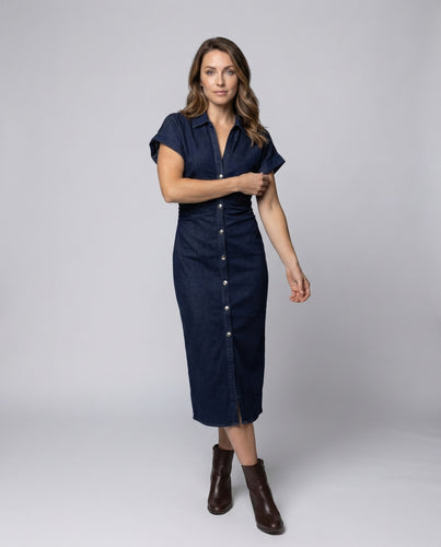 Damen Hemd-Midikleid Taillenraffung Krempelärmel