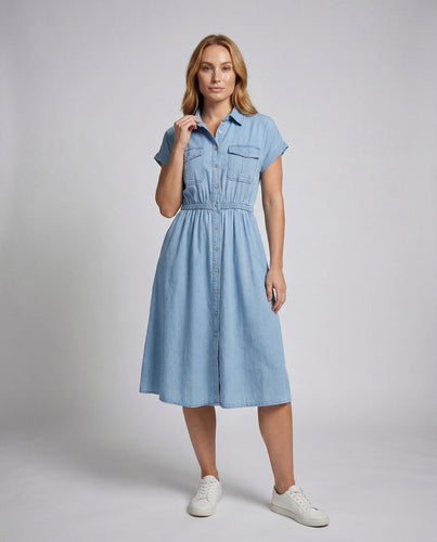 Damen Hemdblusenkleid Elastisches Taillenband