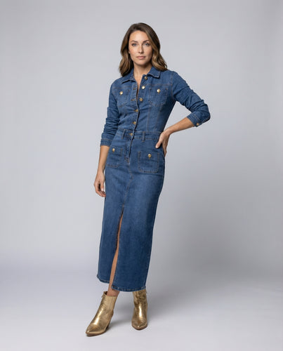 Damen Jeansmidikleid Korselettschnitt Vorderschlitz